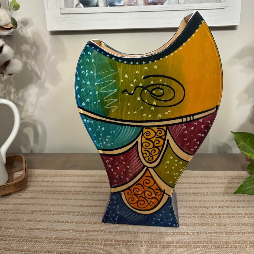 Kakadu Handmade Painted Wooden Vase/Vessel made in Israel